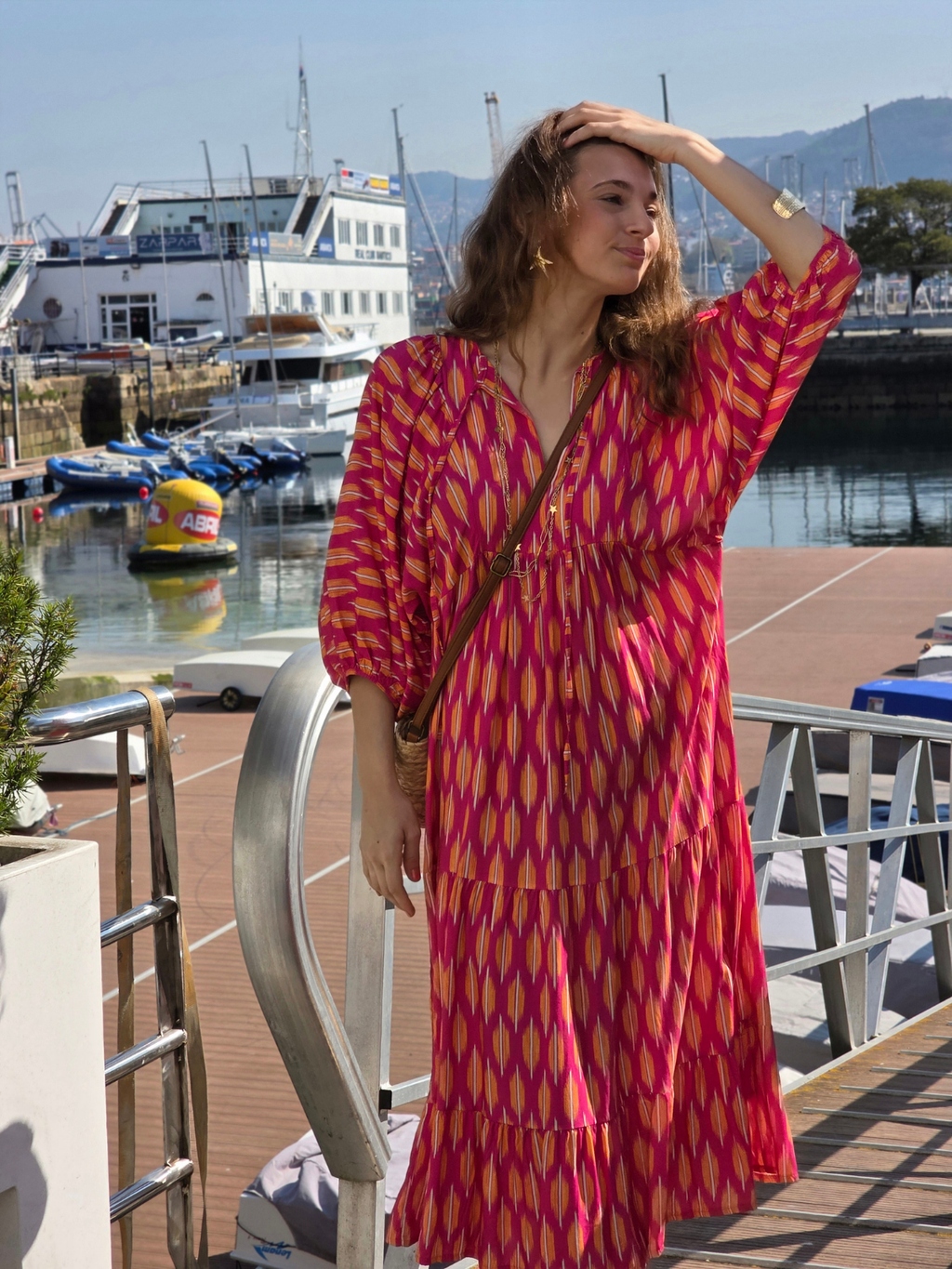 Vestido Mangas Abullonadas Estampado Fucsia