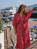 Vestido Mangas Abullonadas Estampado Fucsia
