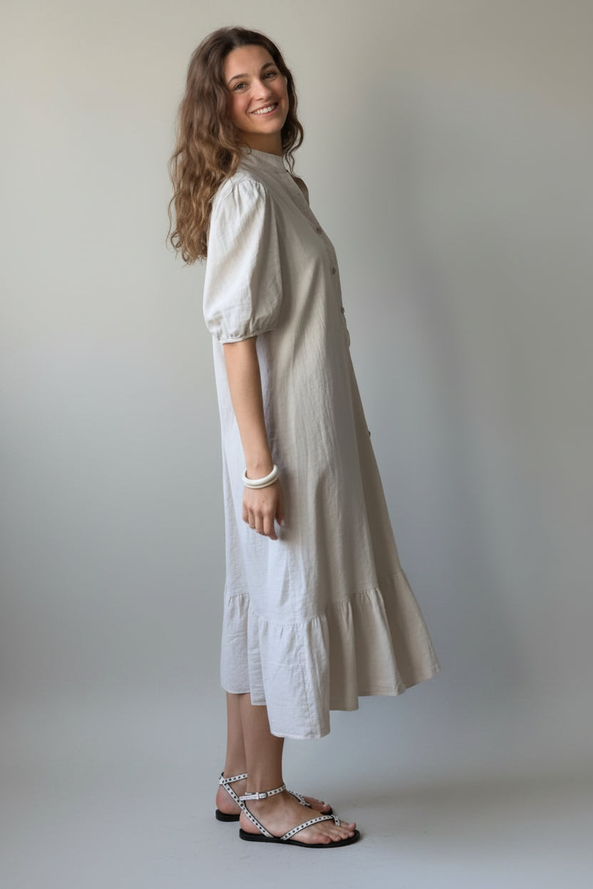 Vestido botones tipo lino beige