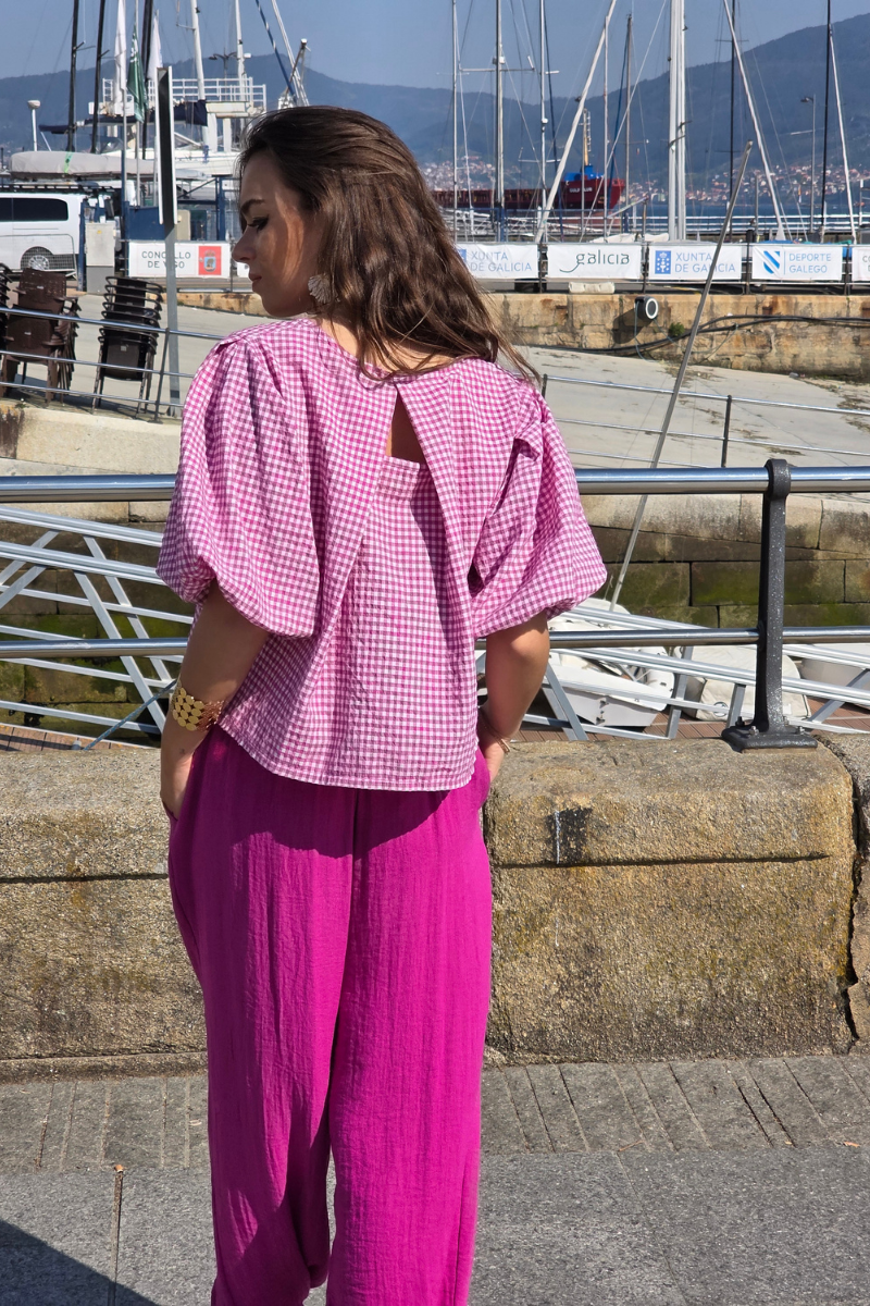 Blusa Manga Globo Cuadro Vichy Fucsia