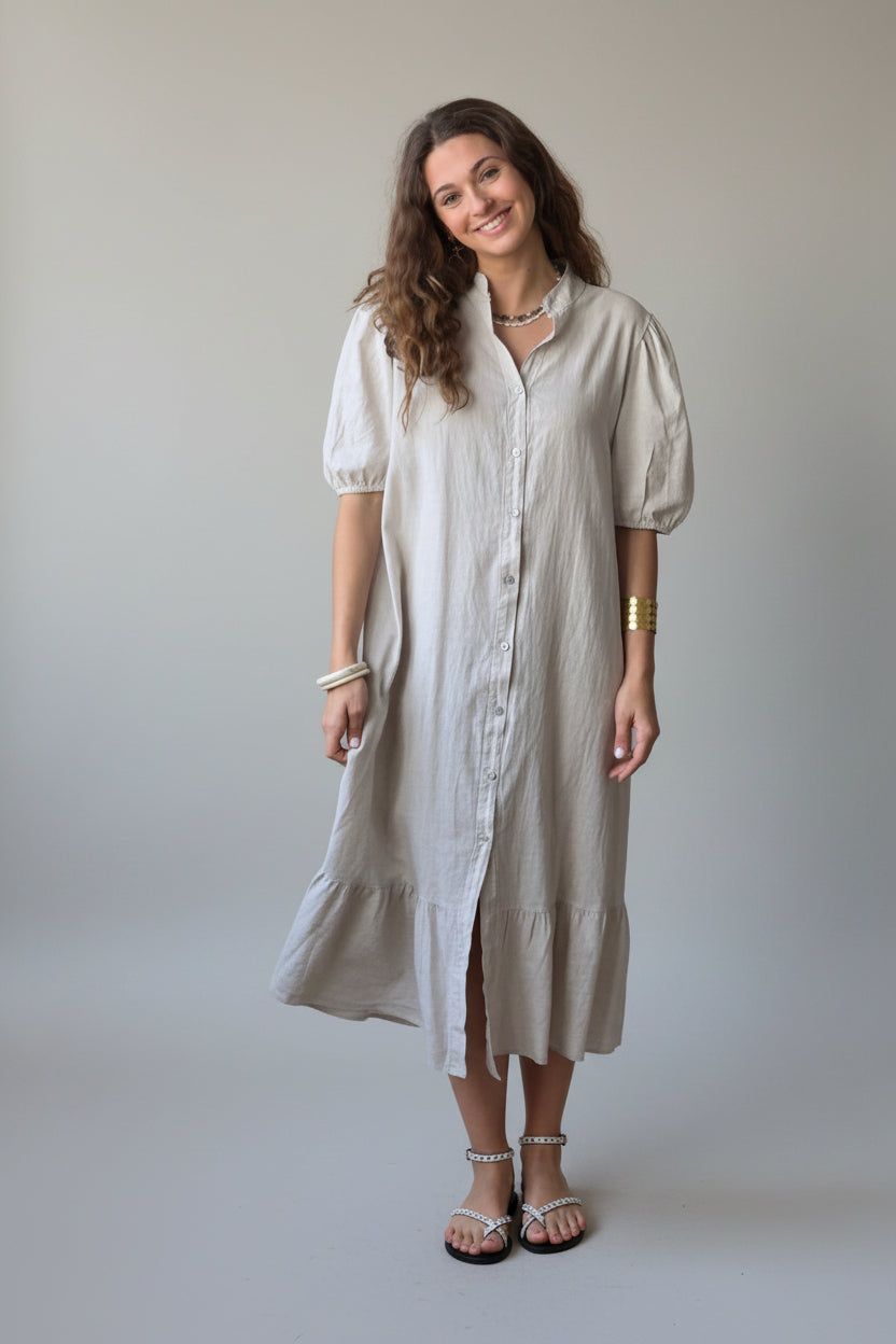 Vestido botones tipo lino beige
