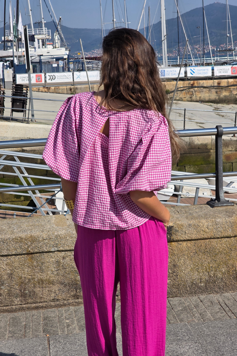 Blusa Manga Globo Cuadro Vichy Fucsia