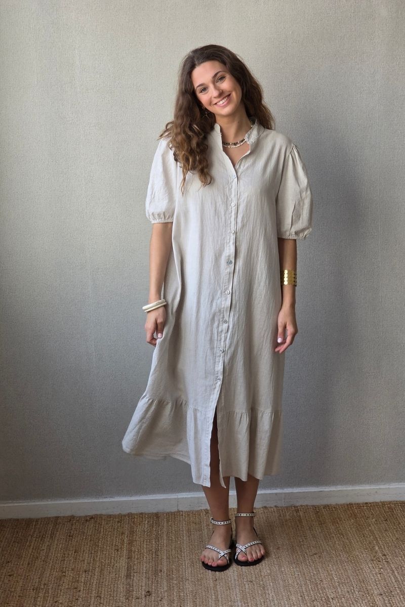 Vestido botones tipo lino beige