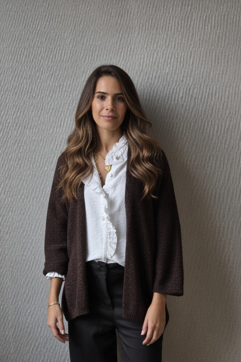 Chaqueta de punto tipo kimono brillos marrón chocolate