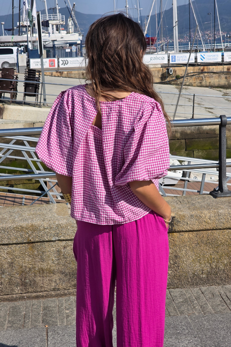 Blusa Manga Globo Cuadro Vichy Fucsia