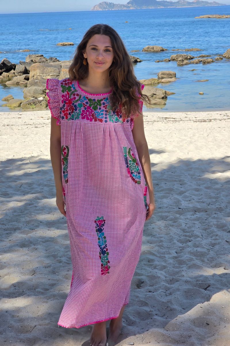 Vestido mexicano cuadro vichy fucsia