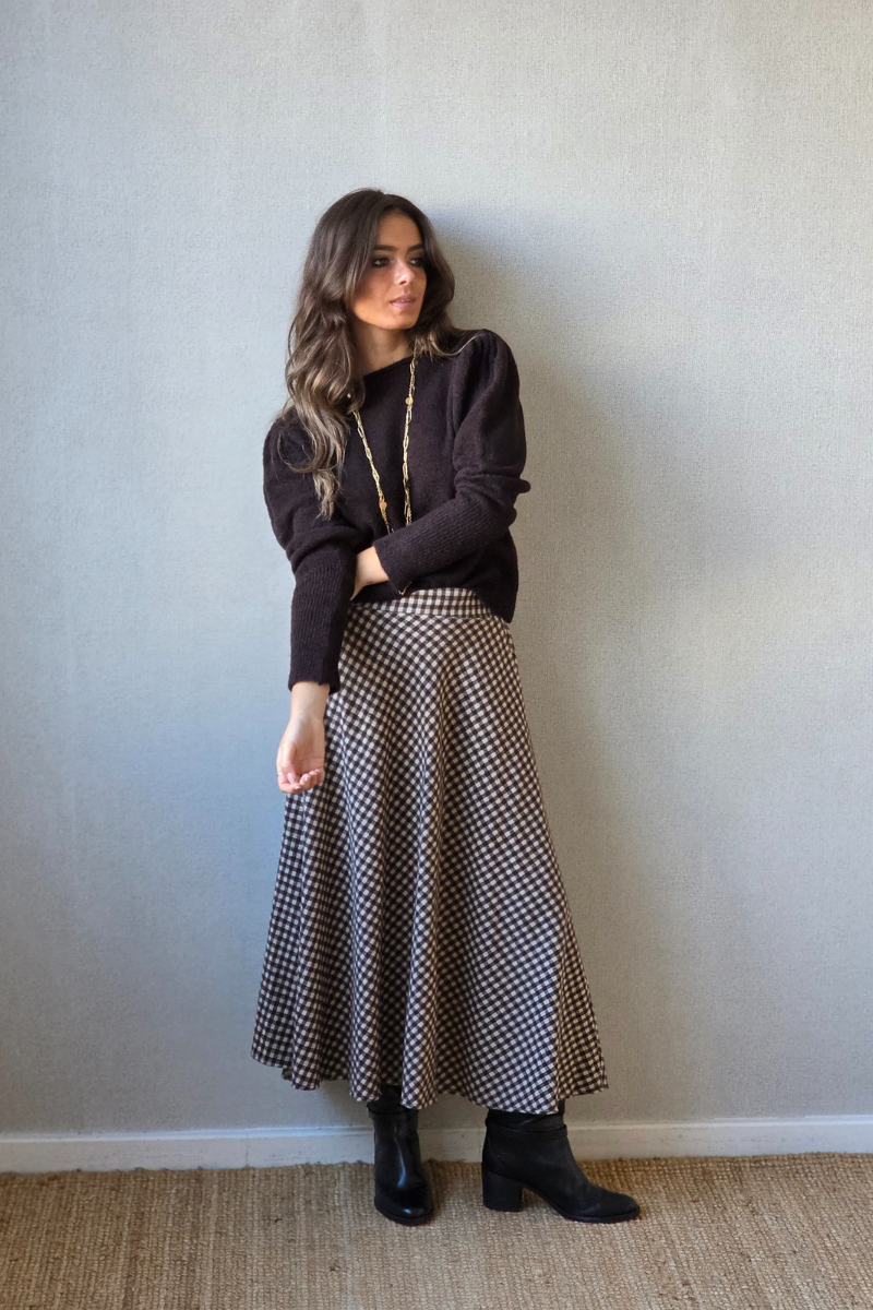 Falda evase de cuadros vichy chocolate