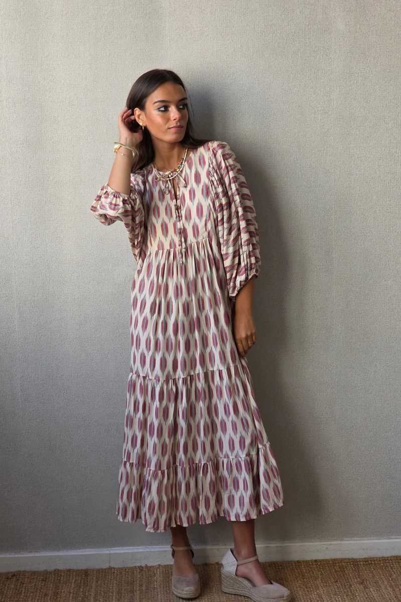 Vestido Mangas Abullonadas Estampado Beige
