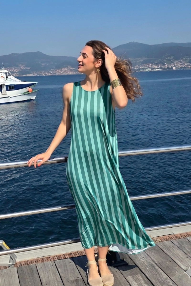 Vestido Elástico de Rayas Verde bonito