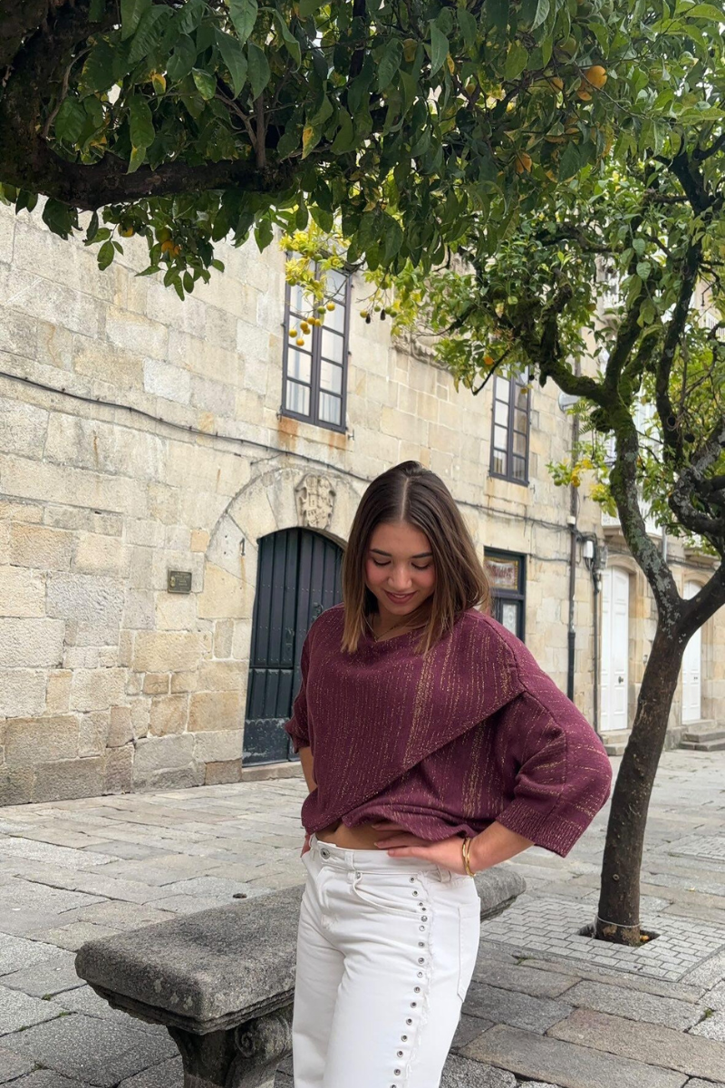 Jersey cruzado con brillo berenjena