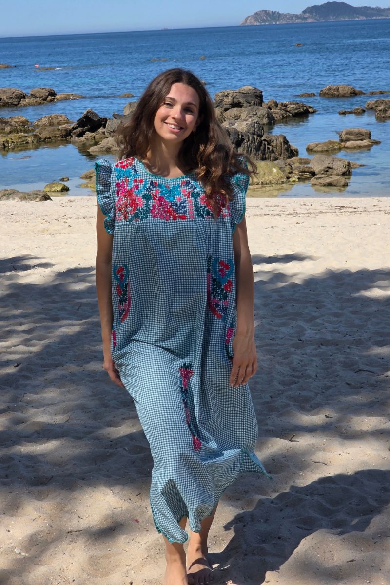 Vestido mexicano cuadro vichy verde mint