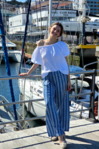 Pantalón Elástico Estampado Hojas Azul Jeans