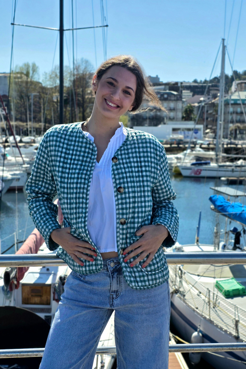 Chaqueta Vichy Beige con Botones verde