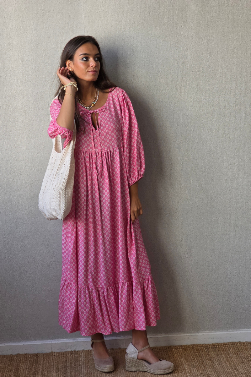 Vestido Largo Flores M. Globo Fucsia