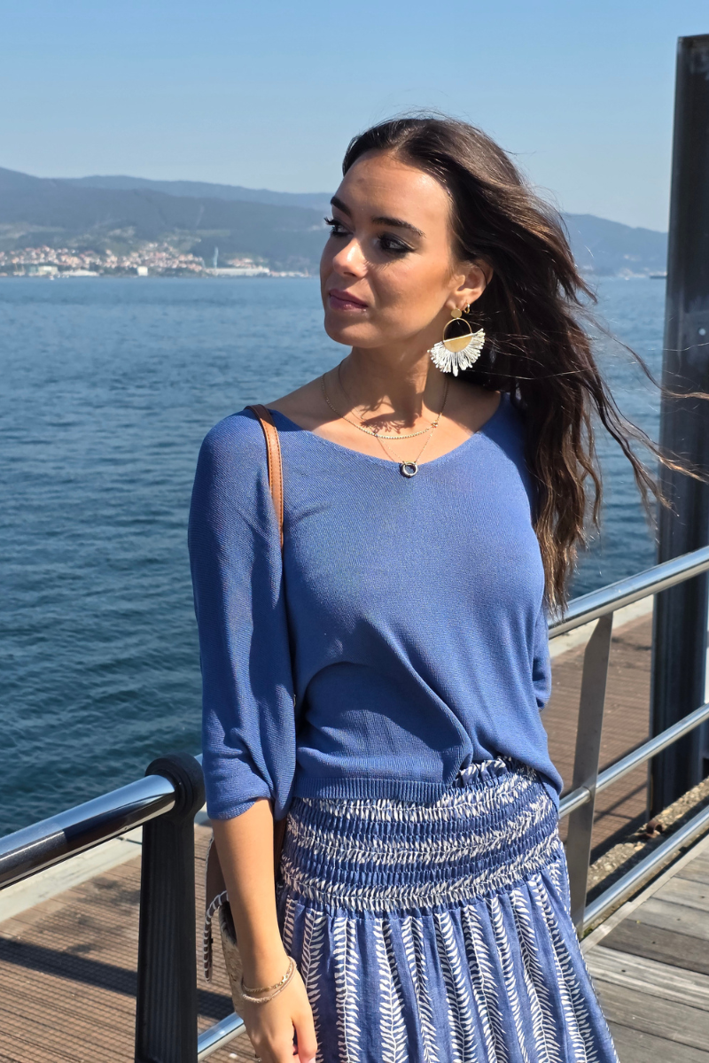 Falda Larga Estampado de Hojas Azul Jeans