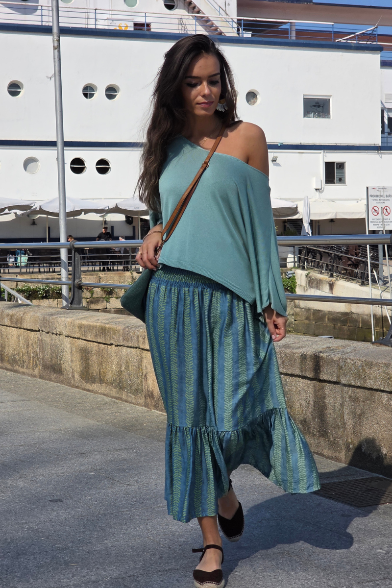 Falda Larga Estampado de Hojas Verde