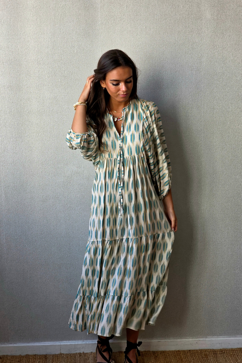 Vestido Mangas Abullonadas Estampado Verde Agua