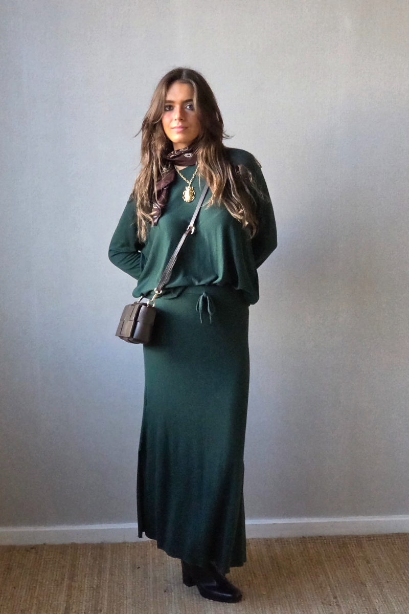 Falda larga de punto verde botella