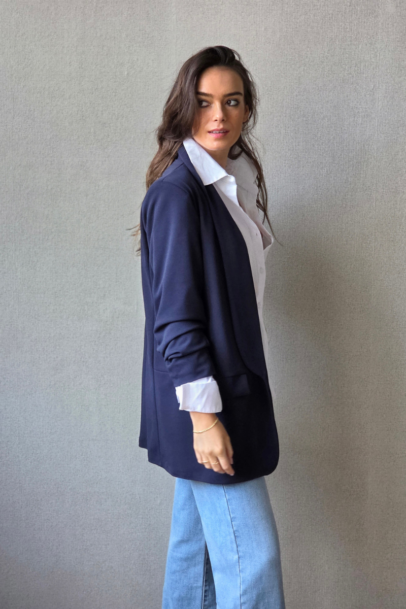 Blazer Azul Marino Suelta - Mangas Fruncidas Elegantes