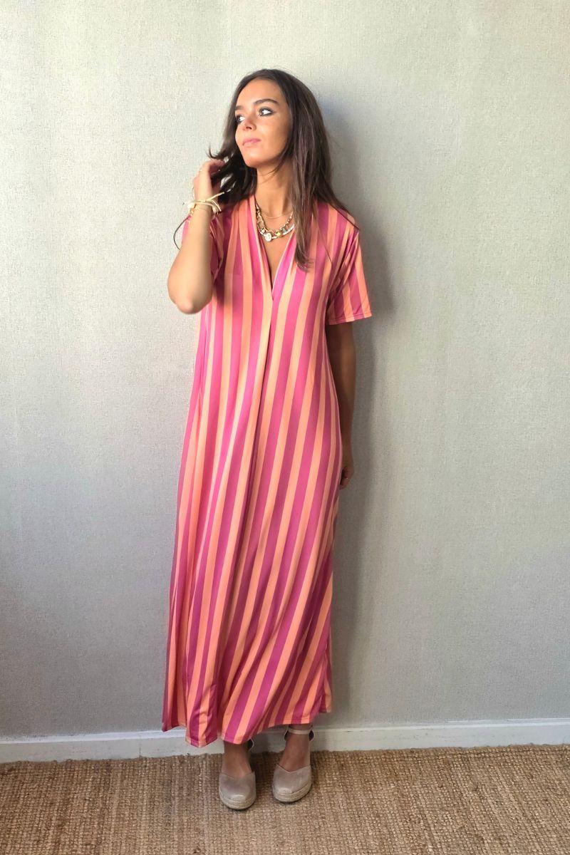 Vestido rayas manga corta no se arruga fucsia