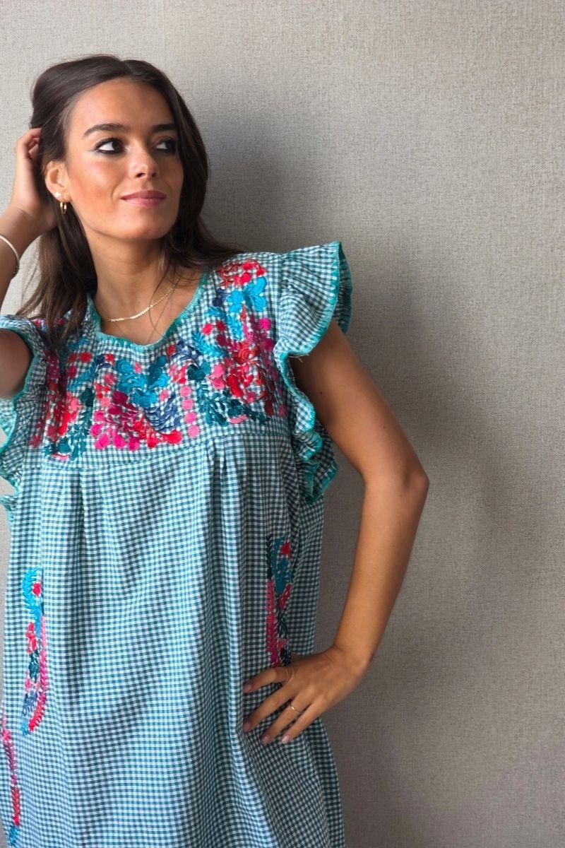 Vestido mexicano cuadro vichy verde mint