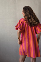 Vestido Manga Abullonada con Rayas Naranja