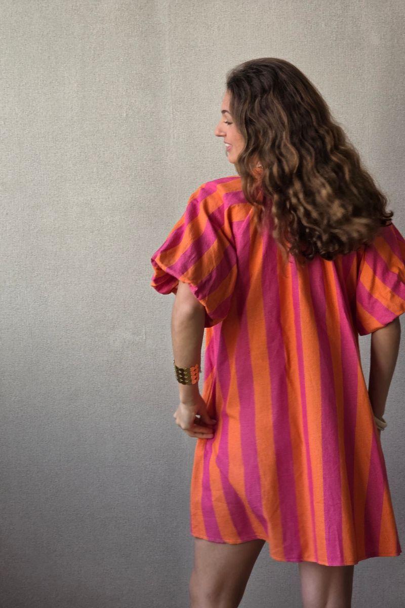 Vestido Manga Abullonada con Rayas Naranja