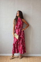 Vestido halter con volantes rojo