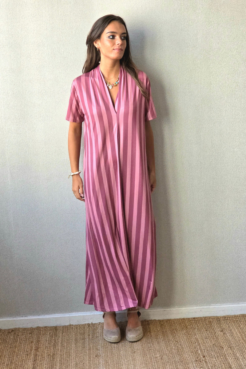 Vestido rayas manga corta no se arruga rosa cebolla