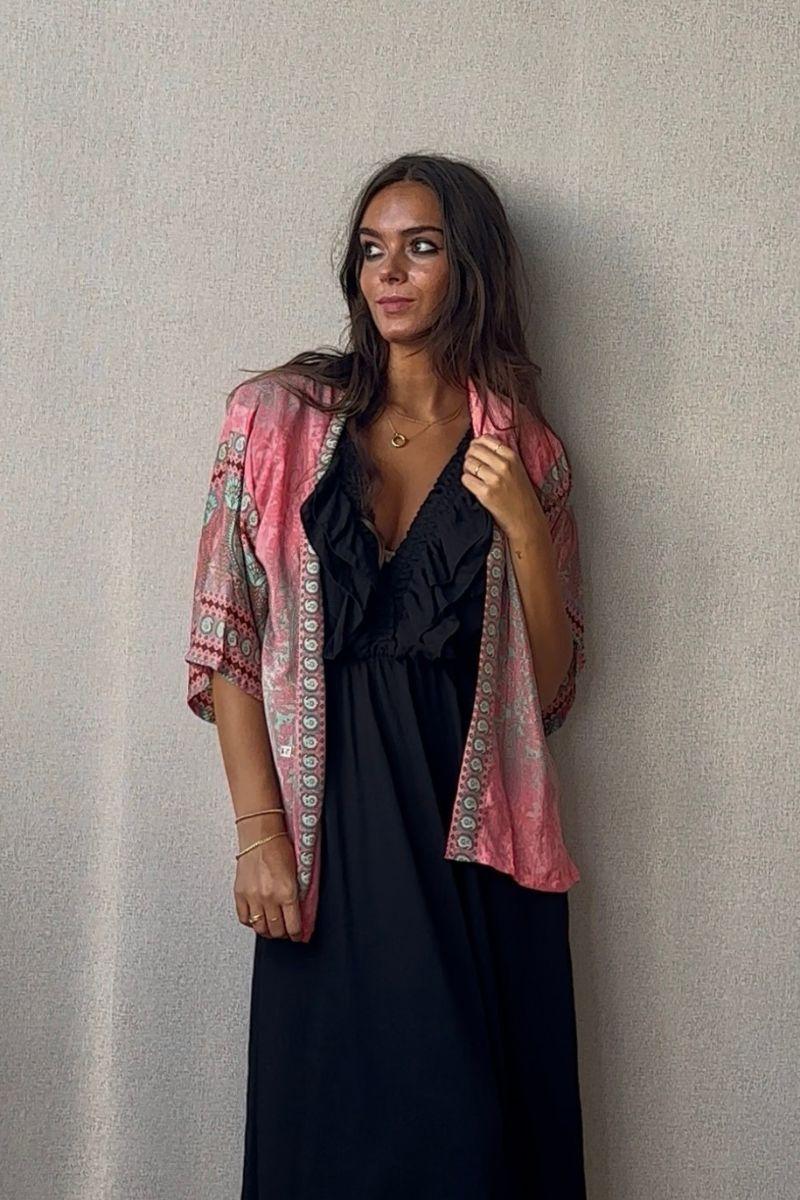 Kimono indio corto multicolor rosa flúor