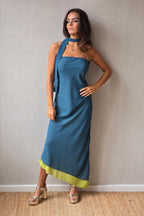 Vestido reversible azul índigo/lima