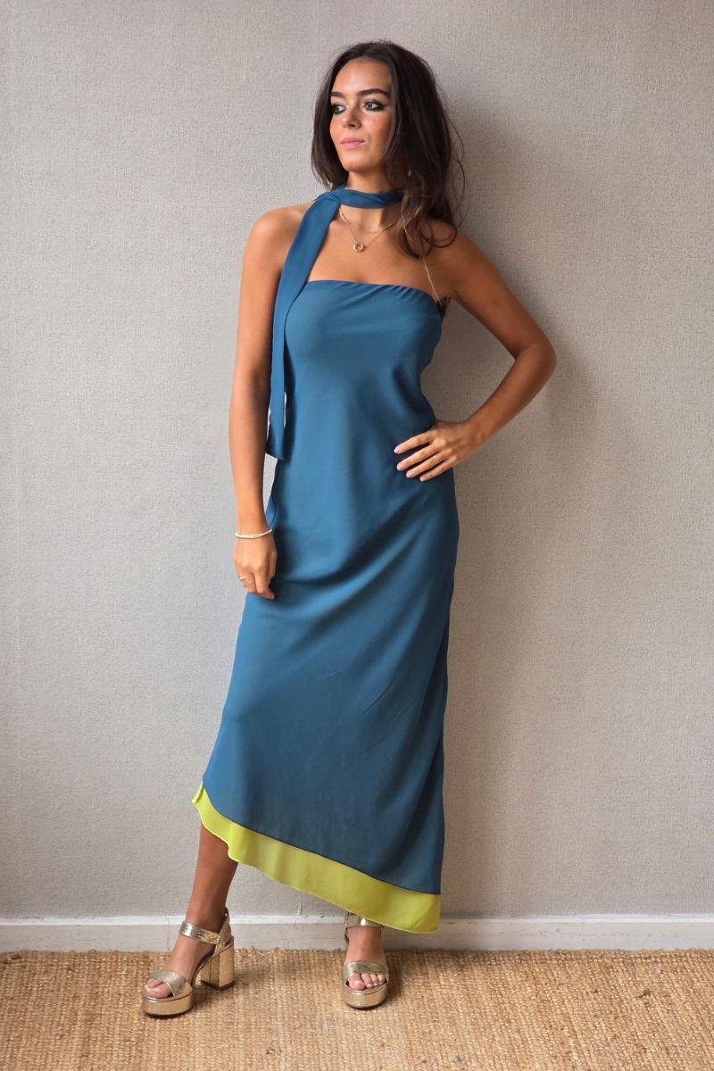 Vestido reversible azul índigo/lima