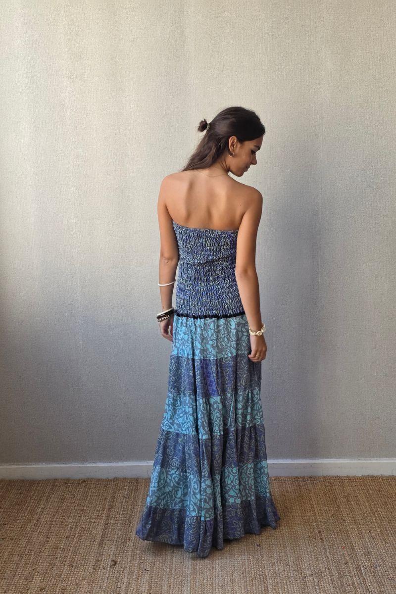 Vestido palabra de honor indio turquesa