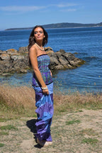 Vestido palabra de honor telas indias azulón