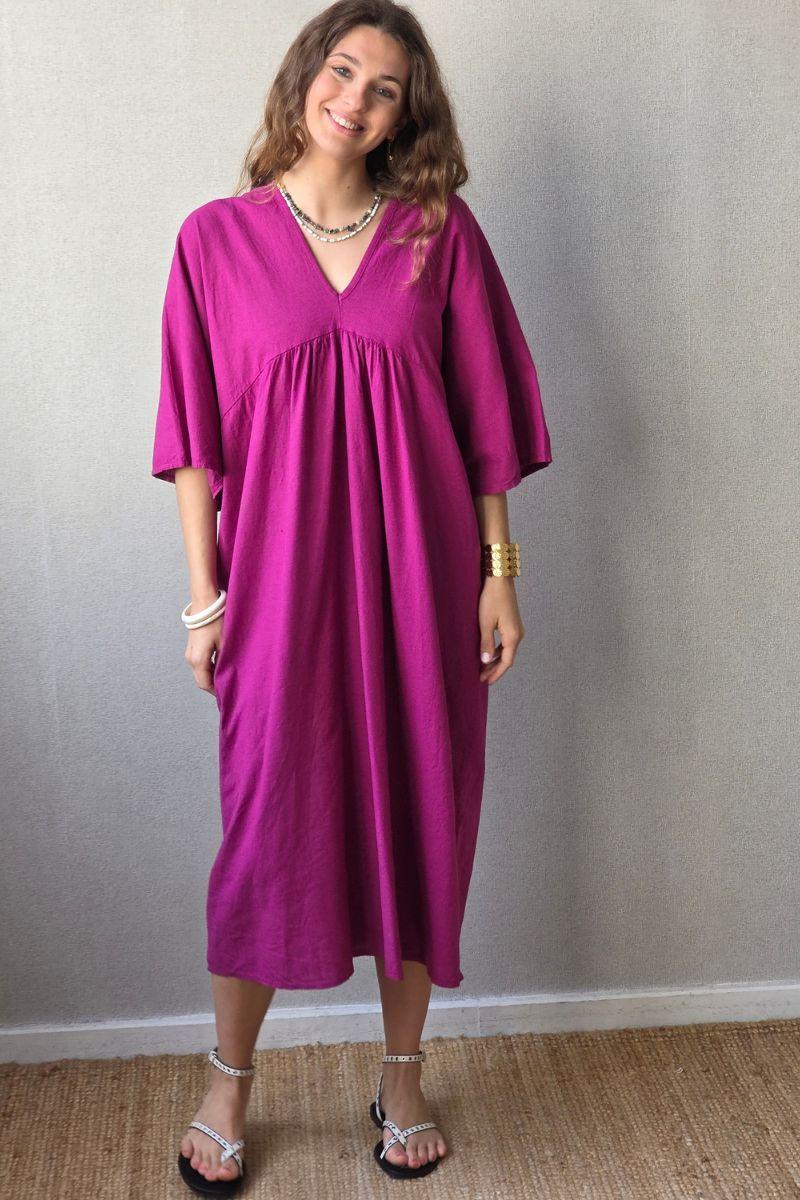 Vestido largo de lino y algodón magenta