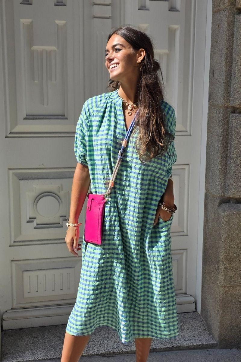 Vestido cuello pico de cuadros verde