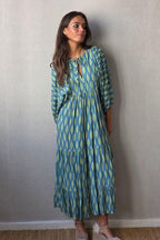 Vestido Mangas Abullonadas Estampado Azul