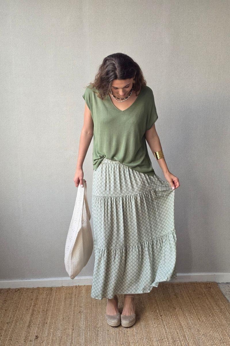 Falda estampado de flores con volantes salvia