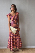 Conjunto top y falda de rayas berenjena