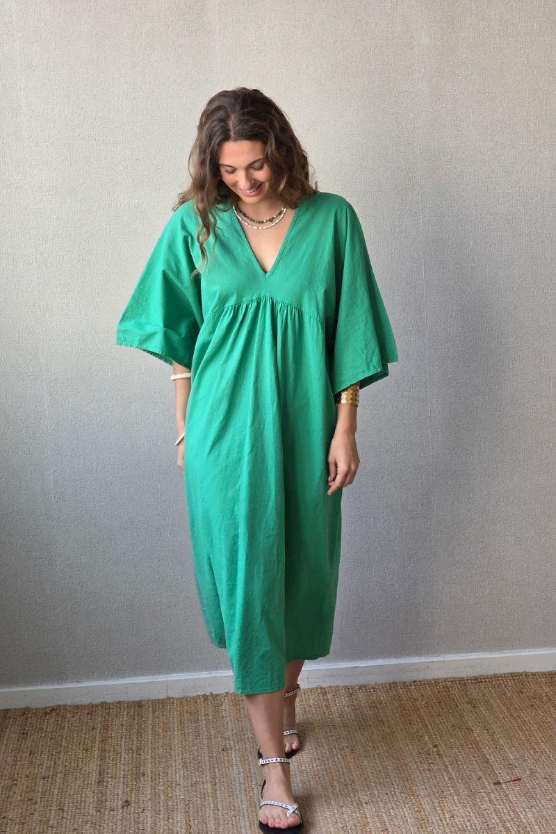 Vestido largo de lino y algodón verde