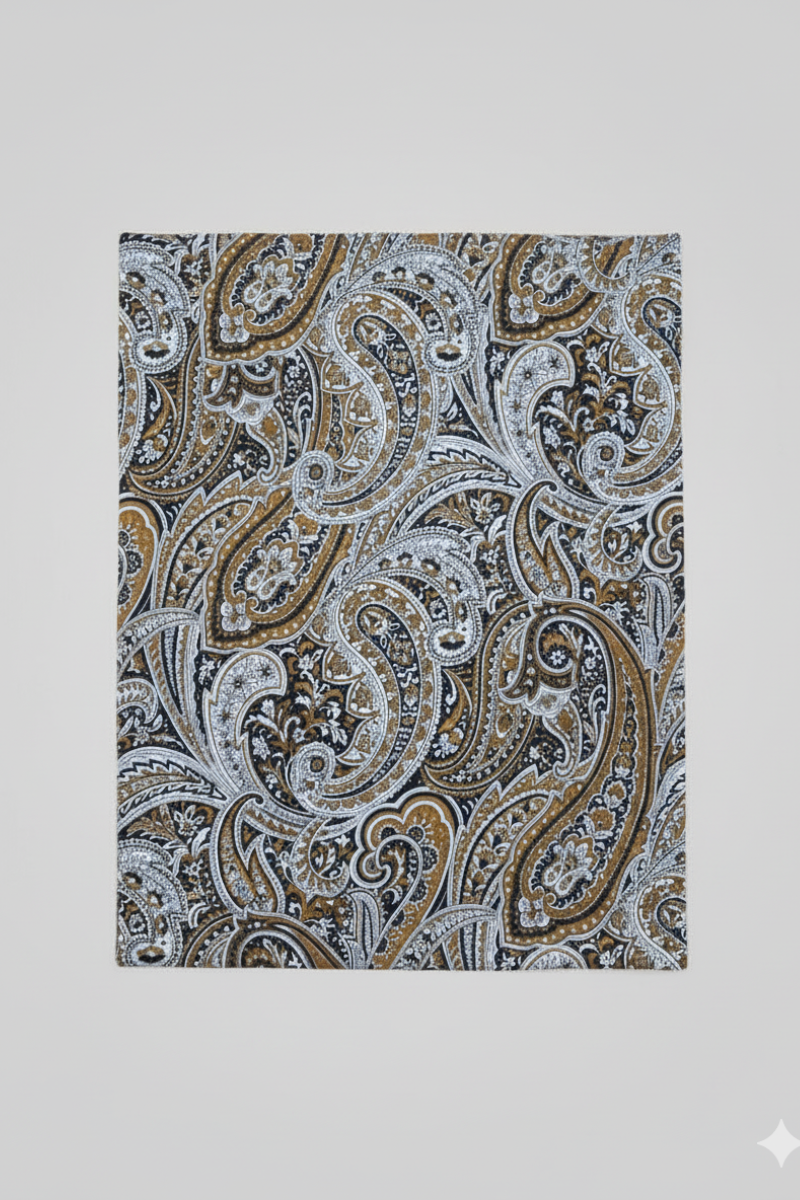 Fular estampado cachemire con brillos dorados negro