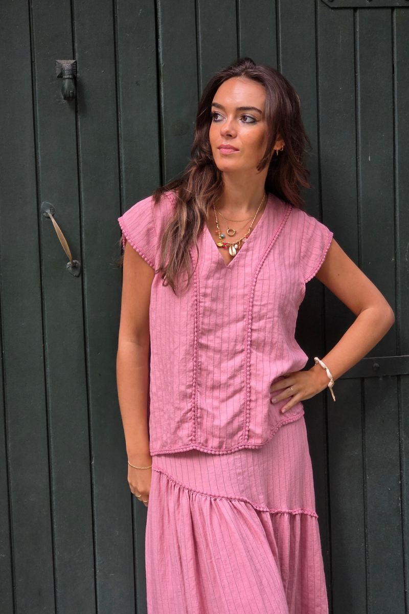 Blusa Rayas Rosa tipo lino
