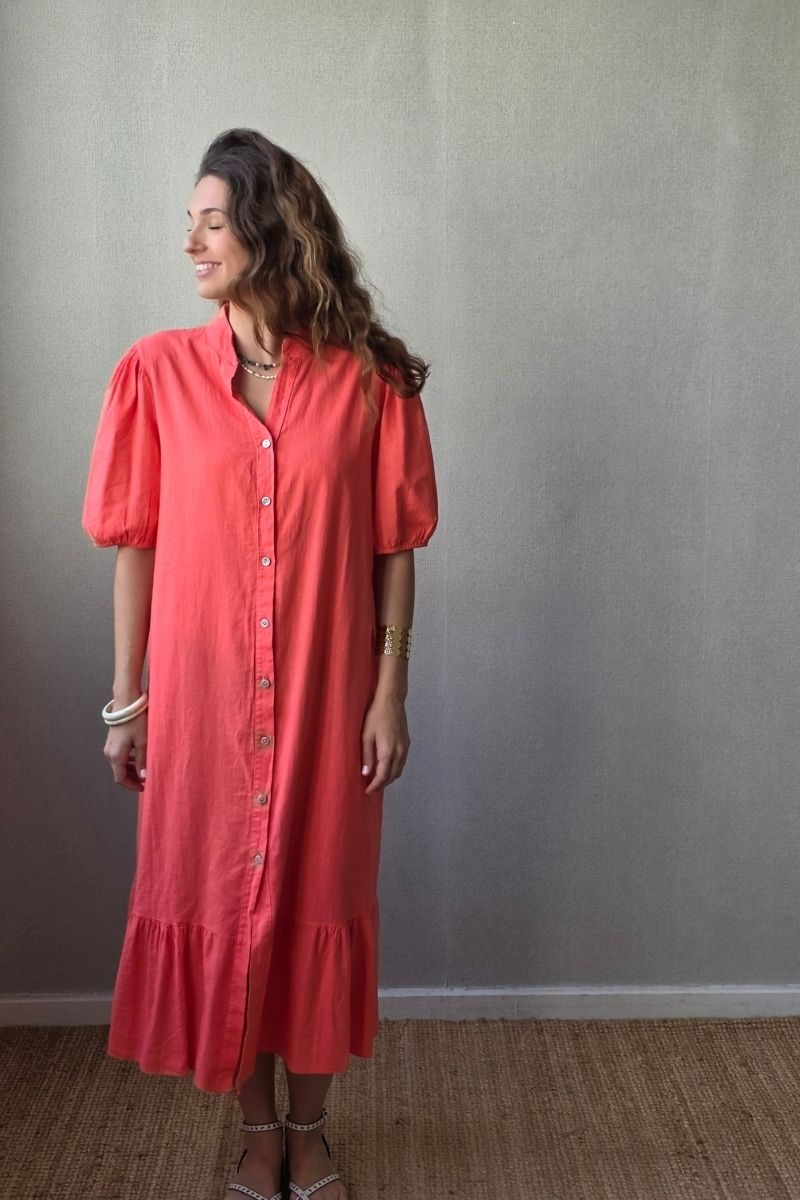 Vestido botones tipo lino coral