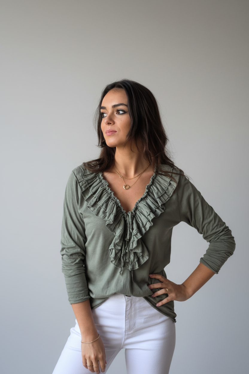 Camiseta Cuello Pico con Volantes Verde Militar