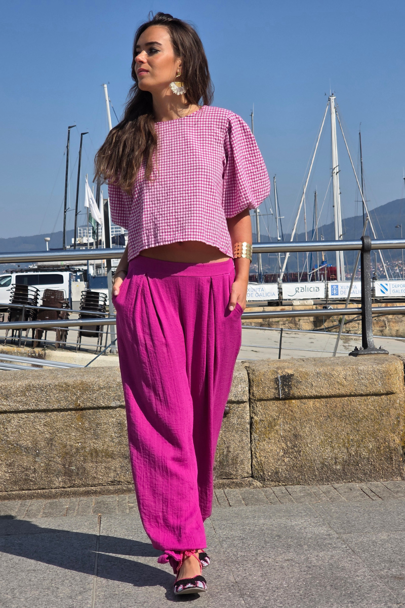 Pantalón Bombacho Lazos Magenta