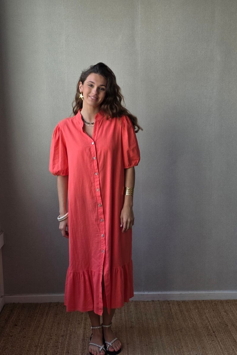 Vestido botones tipo lino coral
