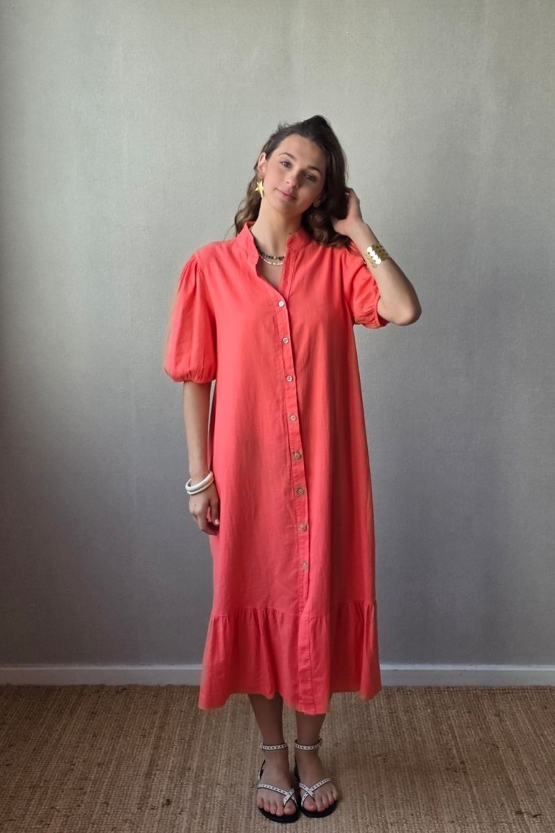 Vestido botones tipo lino coral