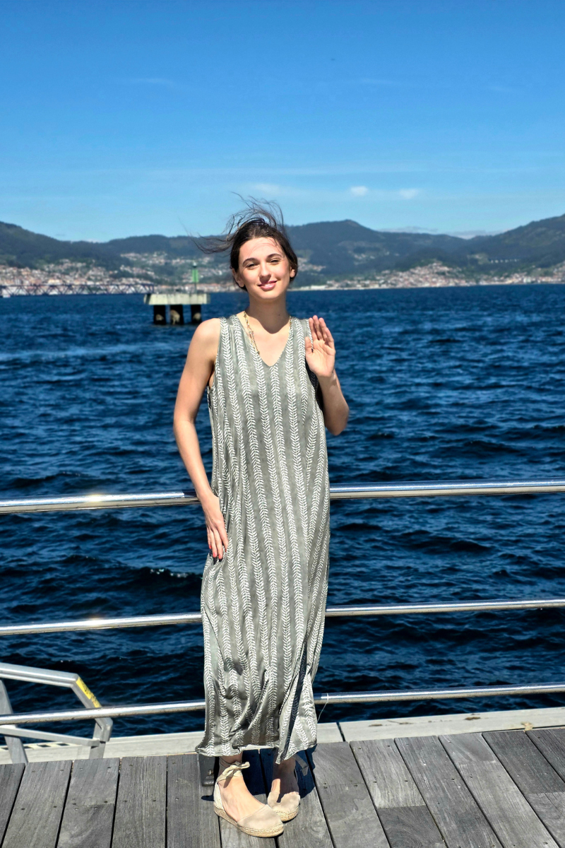 Vestido Largo Estampado Ramos Caqui elástico