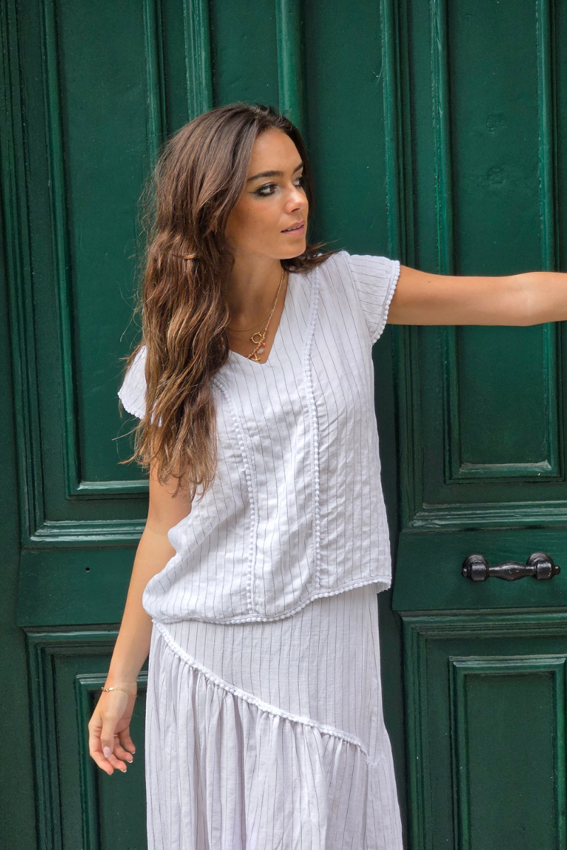 Blusa Rayas Blanca tipo lino