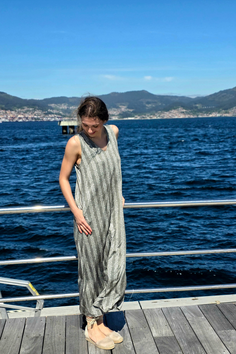 Vestido Largo Estampado Ramos Caqui elástico